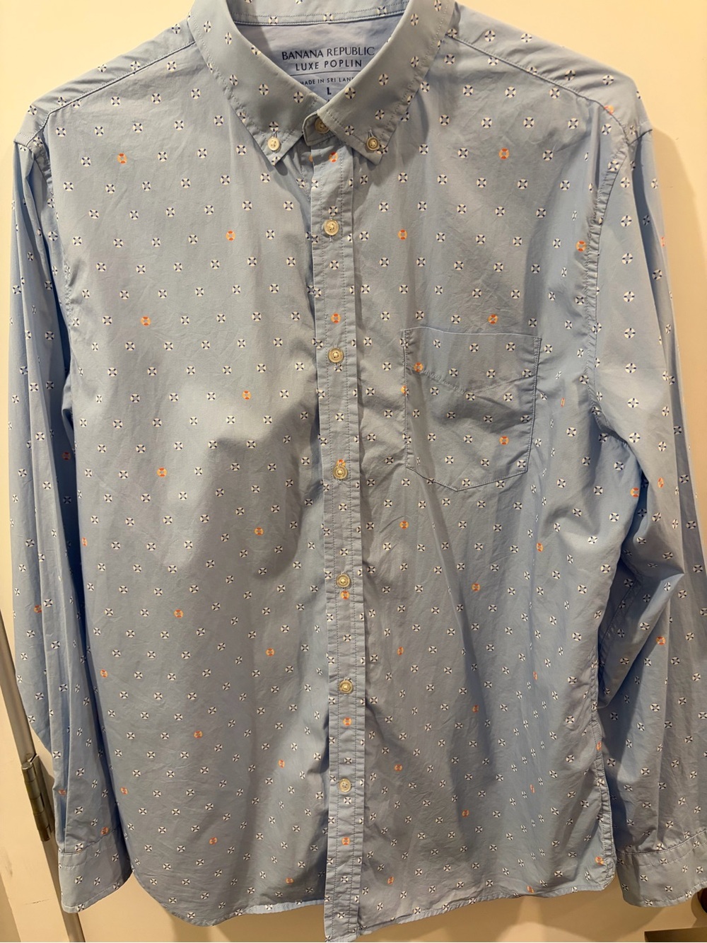 Banana Republic Light Blue Button-Down with Small White and Orange Micro Print